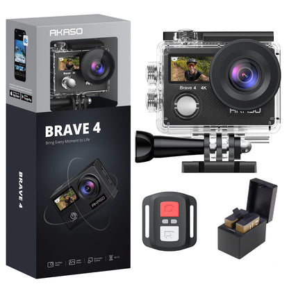 AKASO Brave 4 4K30fps 20MP WiFi Action Camera Ultra Hd with EIS 131ft Waterproof Camera Remote Control 5xZoom Underwater Camcorder with 2 Batteries and Bicycle Helmet Accessories Kit