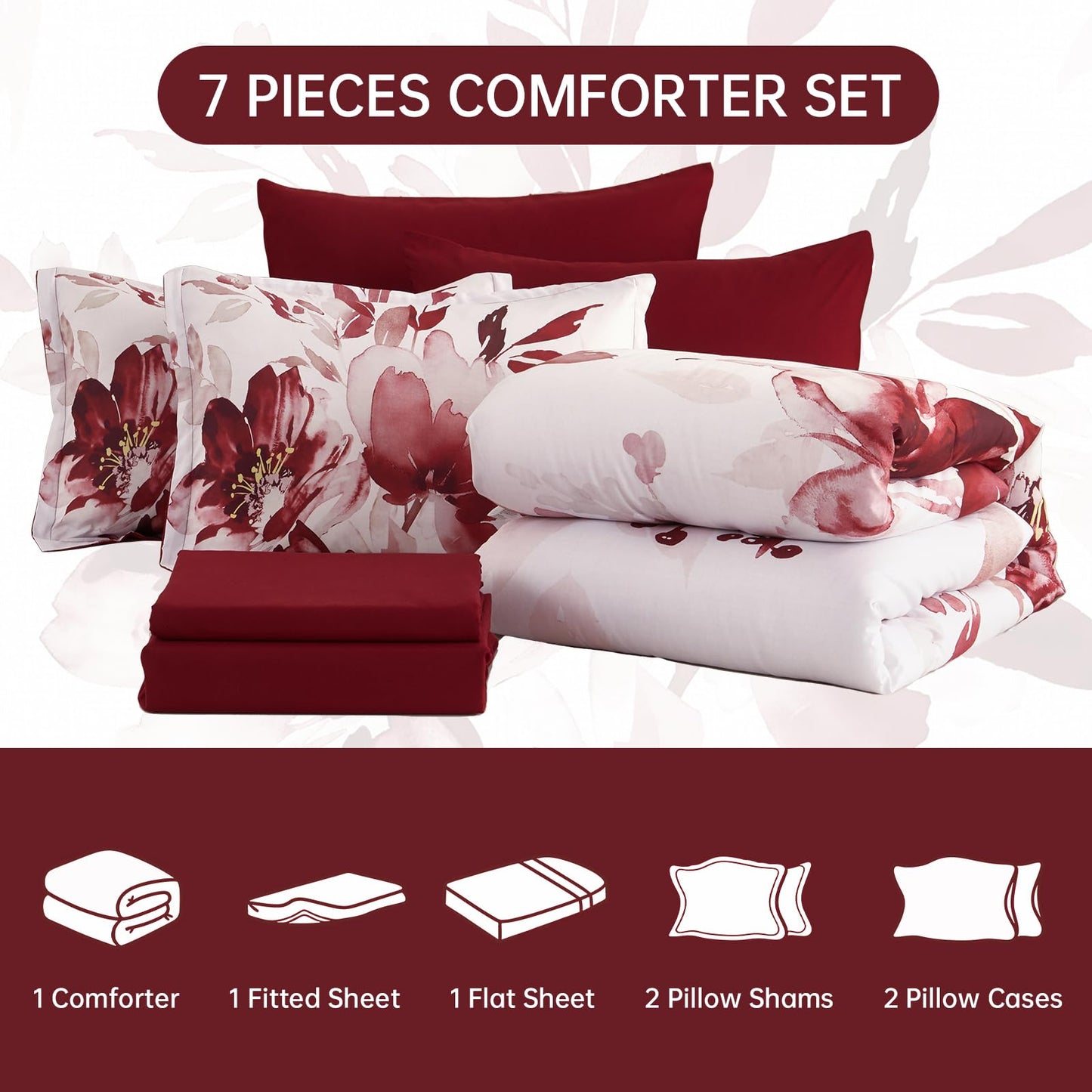 Luxudecor Floral Comforter Set King Size, 7 Piece Burgundy Flower Set Bed in a Bag,Soft Microfiber Farmhouse Shabby Chic Bedding Set for All Season(90"x104")