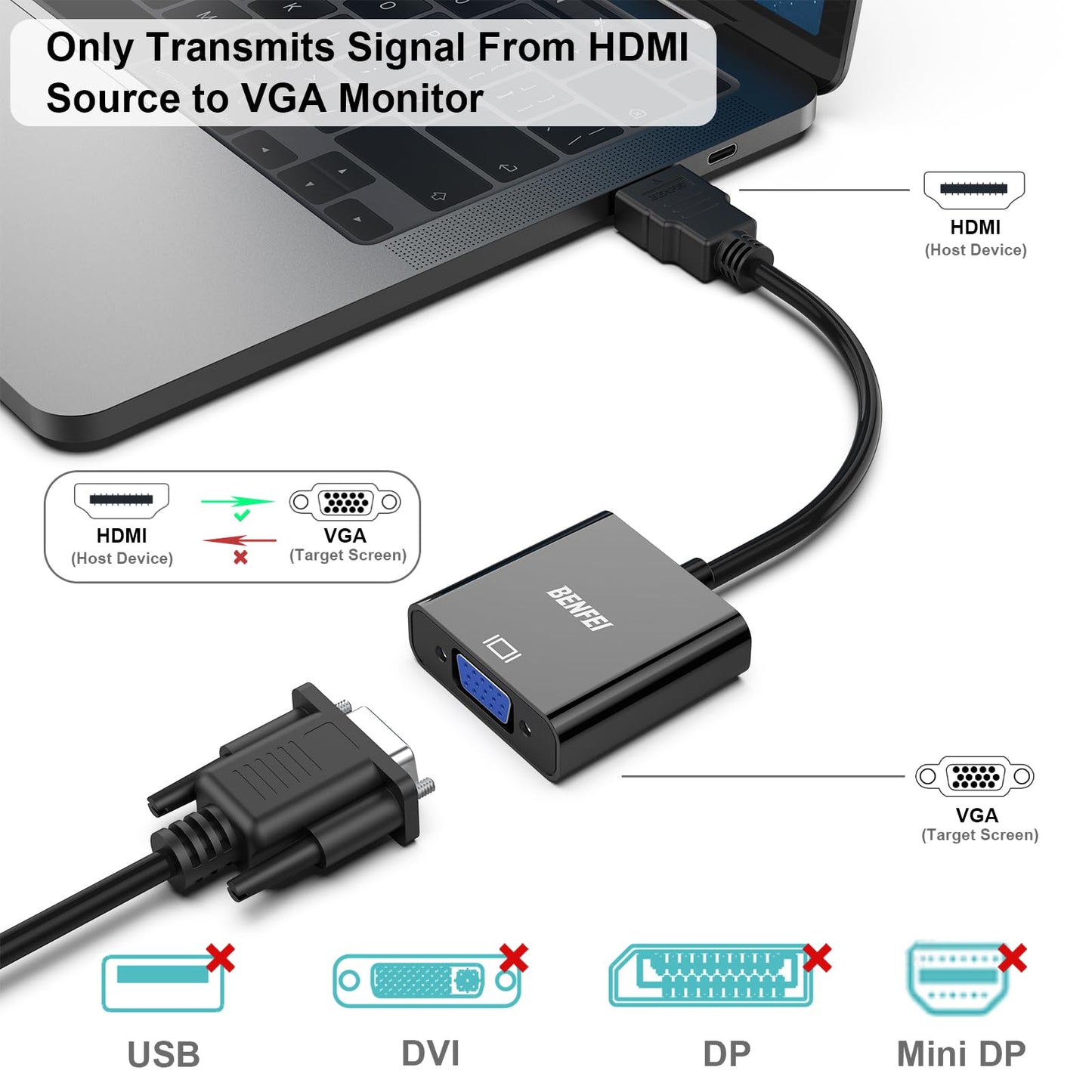 BENFEI HDMI to VGA, Gold-Plated Adapter (Male to Female) for Computer, Desktop, Laptop, PC, Monitor, Projector, HDTV, Chromebook, Raspberry Pi, Roku, Xbox and More - Black