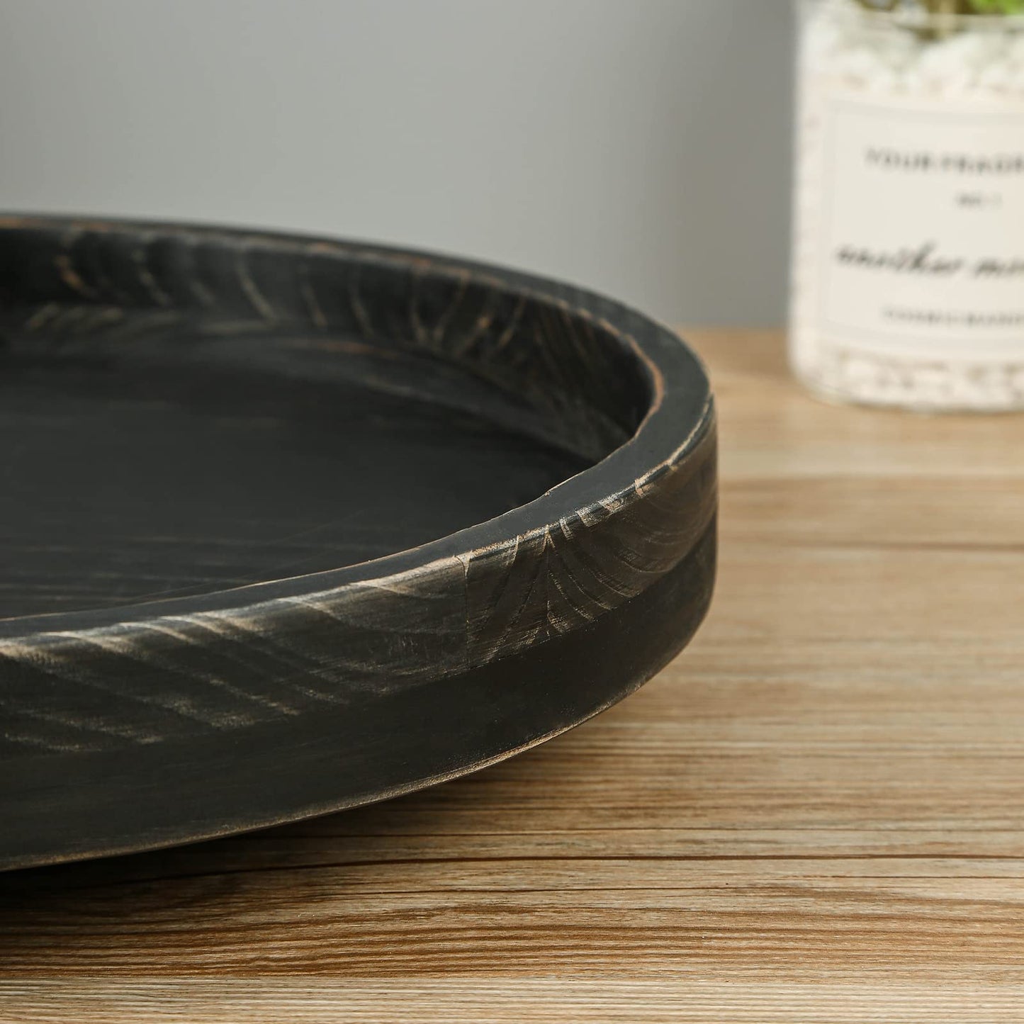 Juleduo 13.38 Inch Rustic Round Wood Lazy Susan for Table Top - Wooden Turntable Serving Tray Distressed Farmhouse Turntable Tray, Cabinet Organizer(Black)