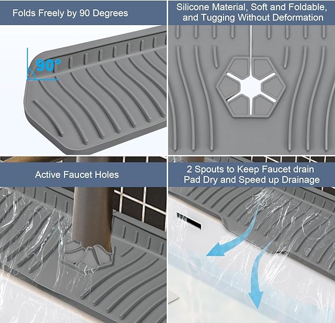Sink Drain Mat Behind Faucet, Faucet Guard Draining Mat, 90° Foldable Tap