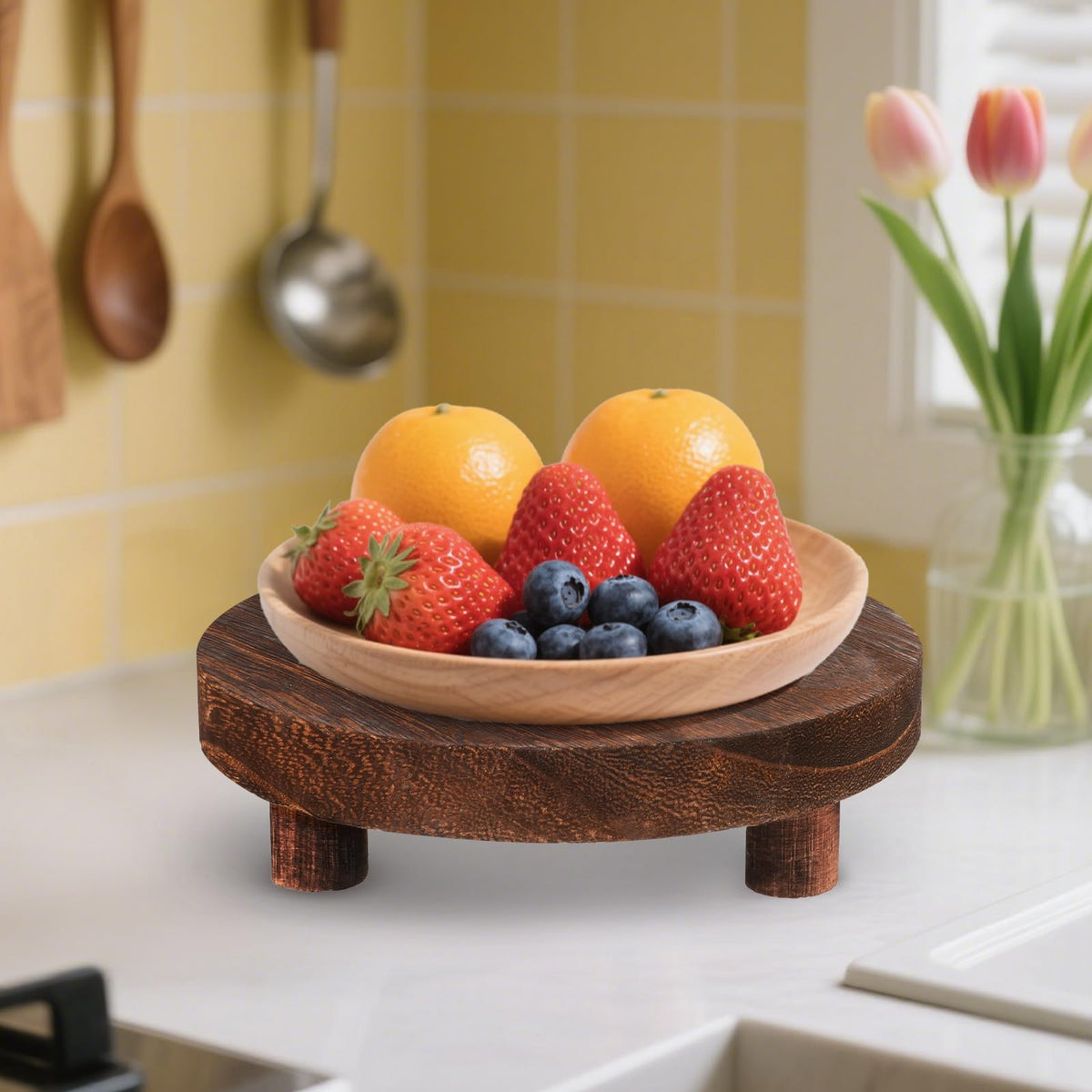FdcZeyxior 4 Pcs Round Wood Risers Display Stands Wooden Risers for Table Display Mini Riser Stand Rustic Wooden Riser Holder Tiered Tray for Home Decor Kitchen Counter 4 Sizes Brown