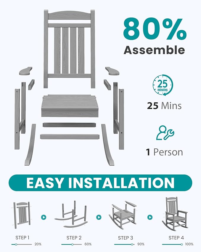 SERWALL HDPE Outdoor Rocking Chair Set of 2, Oversized Patio Rocking Chairs, All-Weather Porch Rockers for Adults, Light Gray