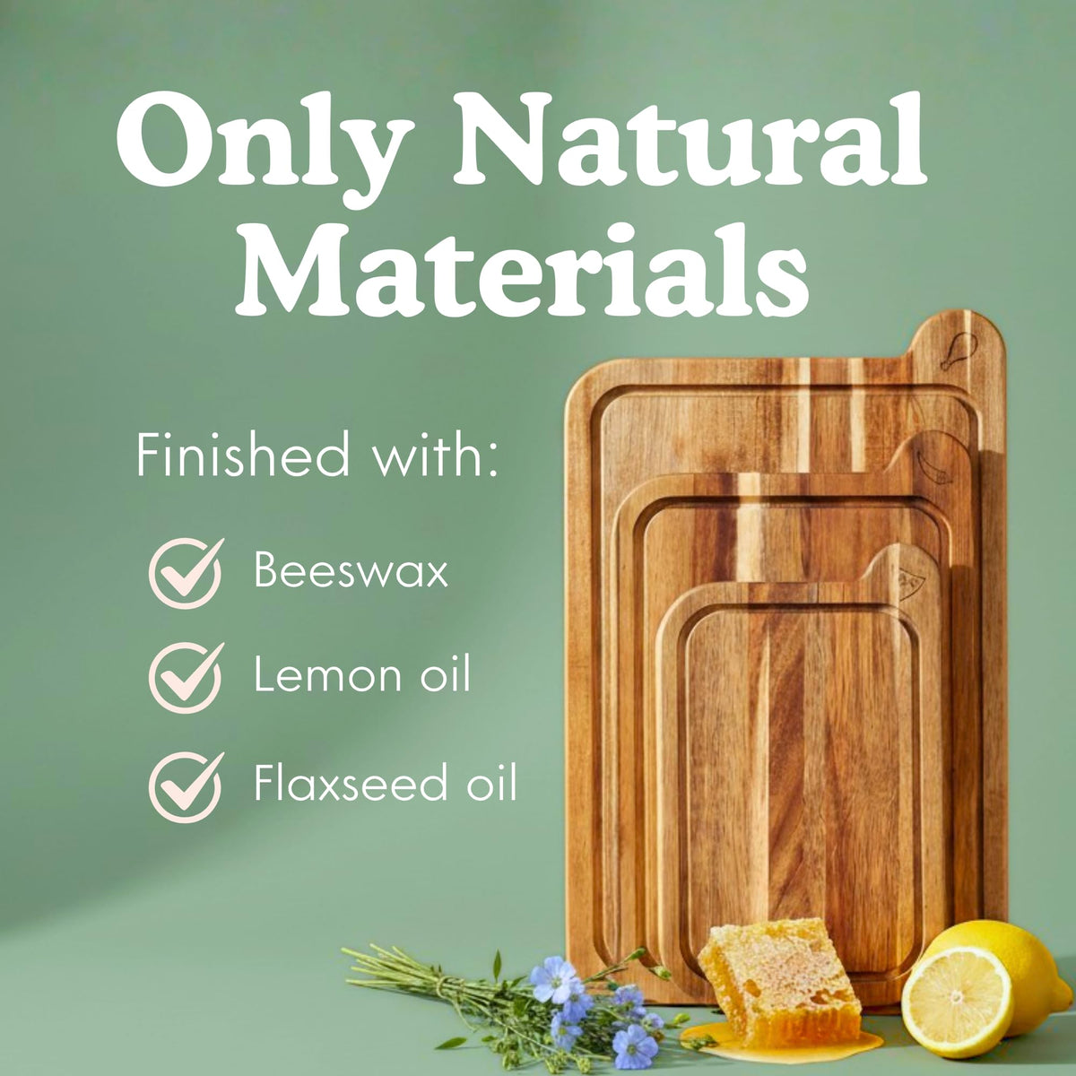 Non-Toxic Acacia Cutting Board Set of 3, Mineral Oil Free, Plastic Free