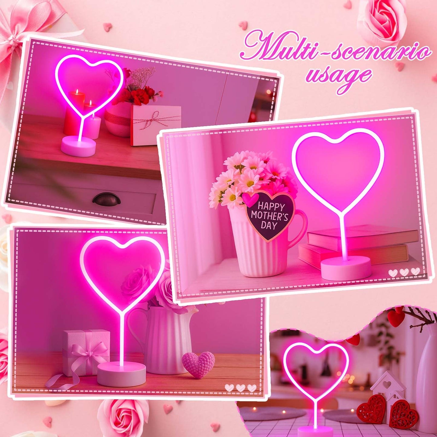 BHCLIGHT Pink Heart Neon Sign, Valentines Day LED Neon Light Battery Operated or USB Powered Valentines Pink Heart Lights, Table Lamp for Galentines Day Decorations, Wedding, Gifts for Women, Lover