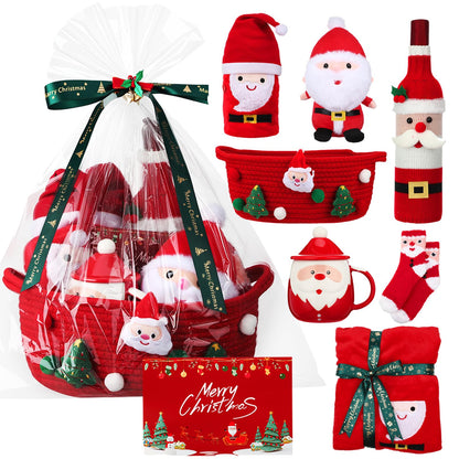 Ferrochef 7 Pcs Christmas Gifts Set for Women 2026 Christmas Gifts Basket with Santa Themed Mug Plush Doll Blanket Wine Bottle Cooler Holiday Card Merry Xmas Gift for Mom Coworker Friend Wife Sister