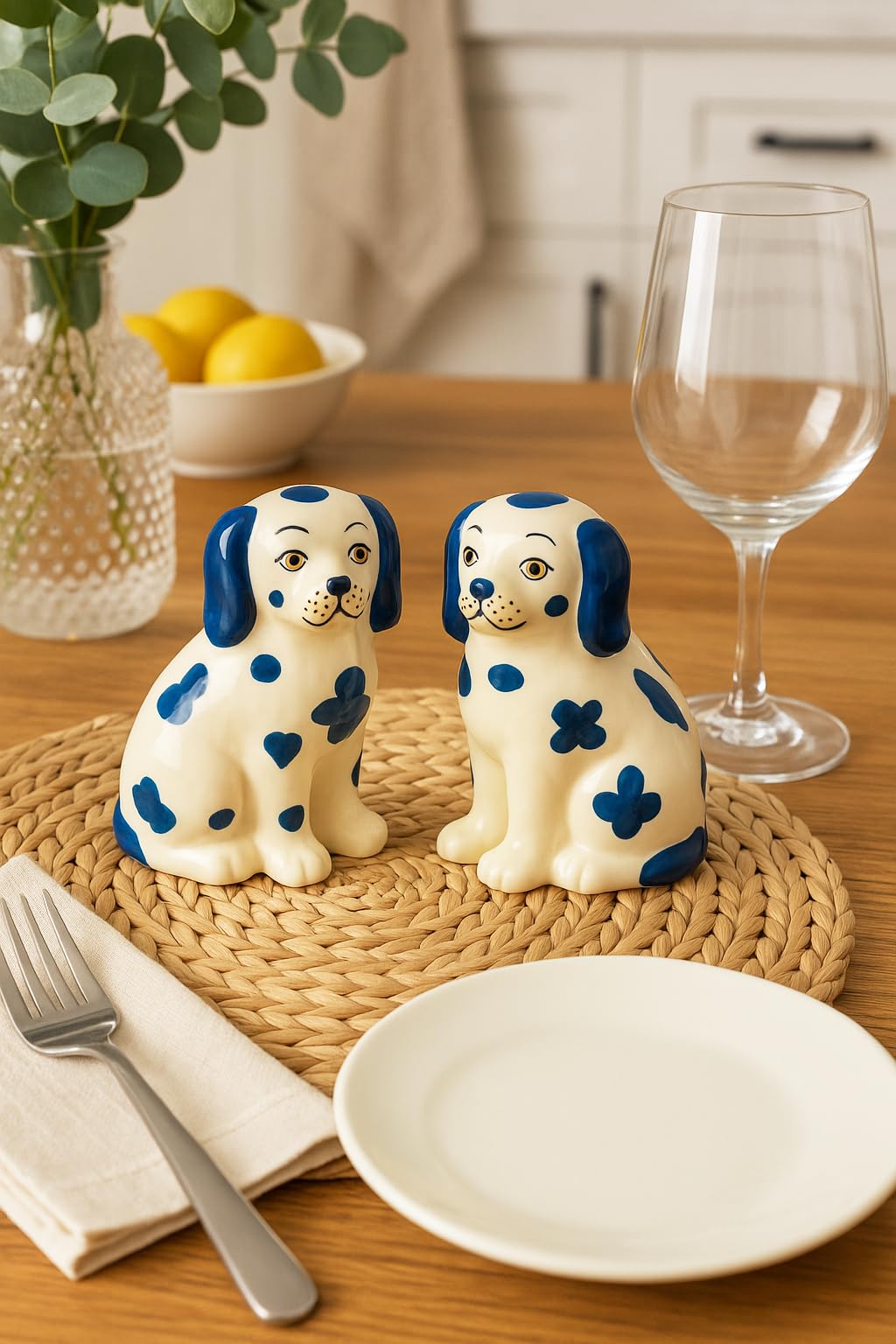 Staffordshire Dogs Chinoiserie Decor Blue Decorative Salt Pepper Shakers Set - Hand-Painted Ceramic