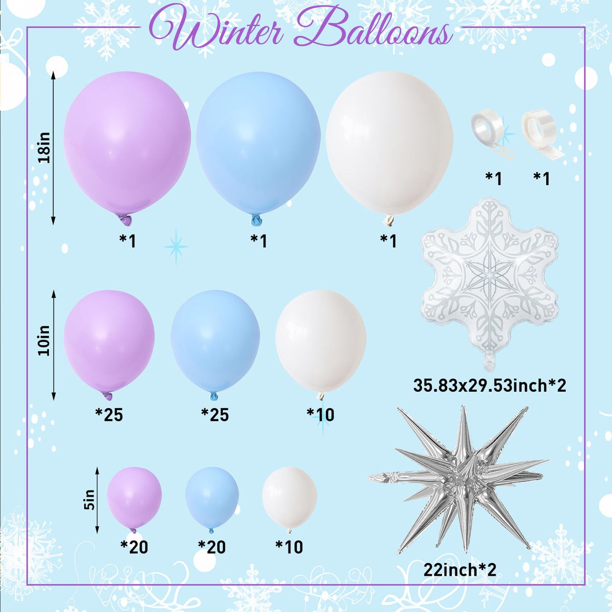 Winter Wonderland Balloon Arch Garland Kit, Baby Blue Purple Balloons with Spike Star Snowflake Foil Balloons for Ice Wonderland Christmas Baby Shower Snow Princess Birthday Party Decorations Supplies