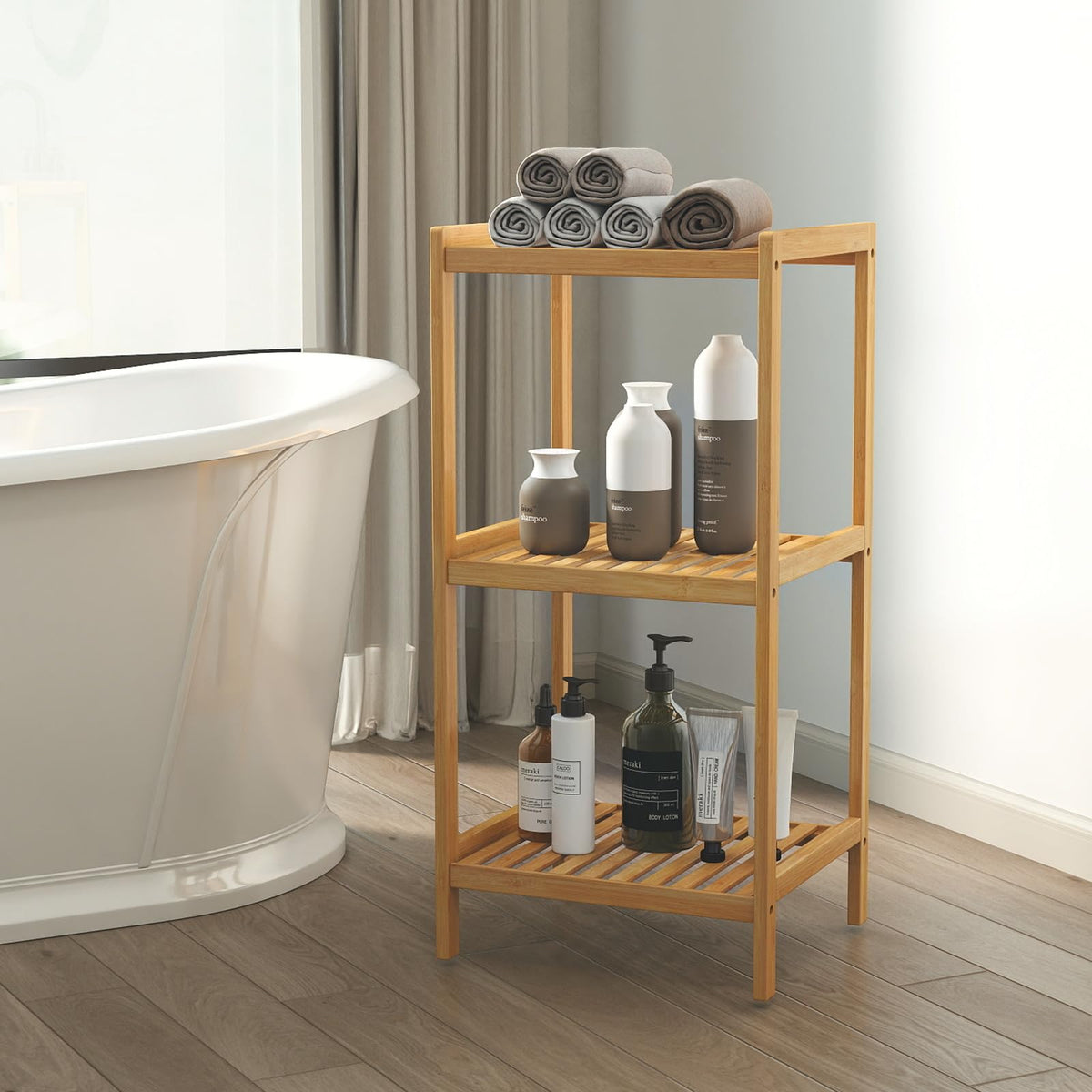 kinbor 3-Tier Bamboo Shelf Freestanding - Space-Saving Bathroom Standing Shelf & Plant Stand, 3 Shelf Bookcase for Kitchen, Living Room, Office (Natural Bamboo, Easy Assembly)