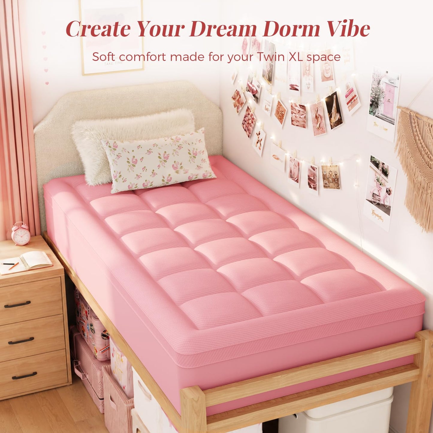 ELEMUSE 4 Inch Pink Dorm Twin XL Dual Layer Memory Foam Mattress Topper College Essentials for Girls, 2 Inch Cooling Gel Foam with 2 Inch Plush PillowTop, Aesthetic Pressure Relief Comfortable Support