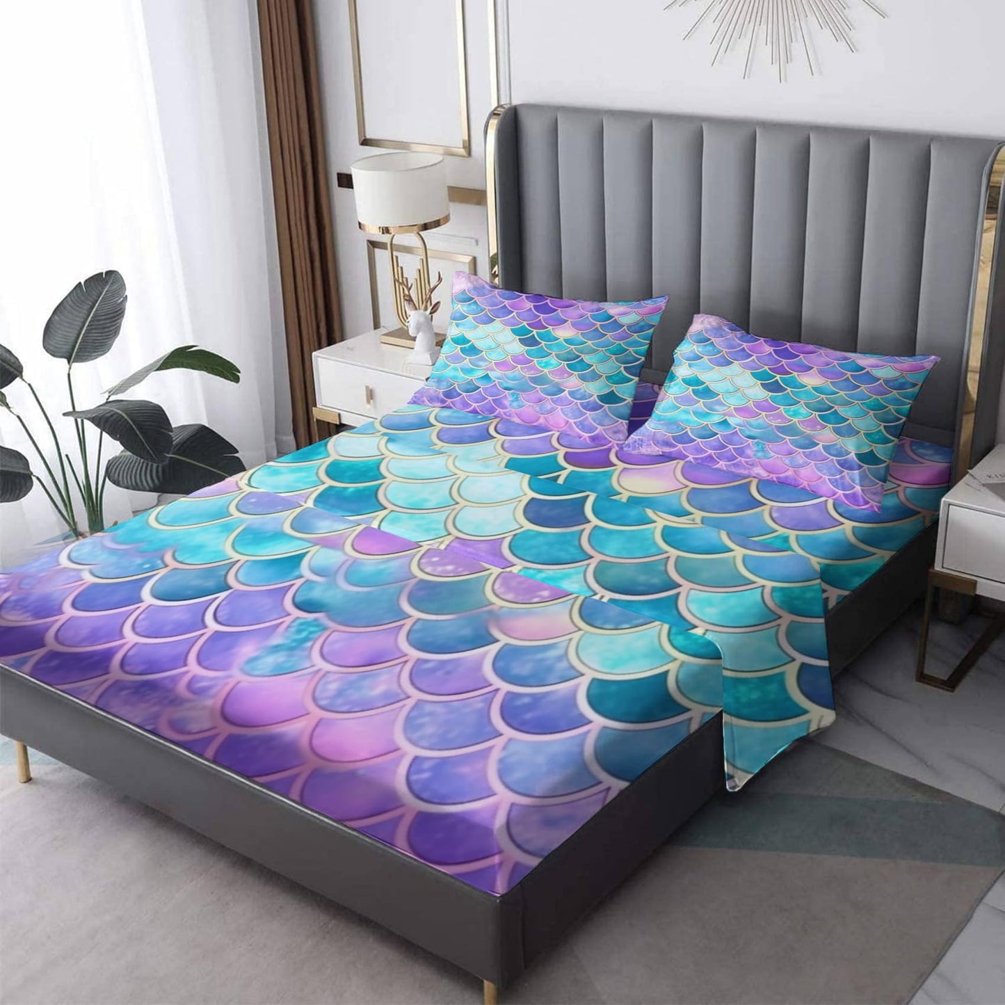 Mermaid Scale Sheets King Sheet Sets - Girls Bed Sheets, Soft Microfiber & Deep Pocket & Wrinkle Free Patterned Bedding Sheets & Pillowcases, 4 Piece ( 1 Fitted Sheet, 1 Flat Sheet, 2 Pillow Cases )