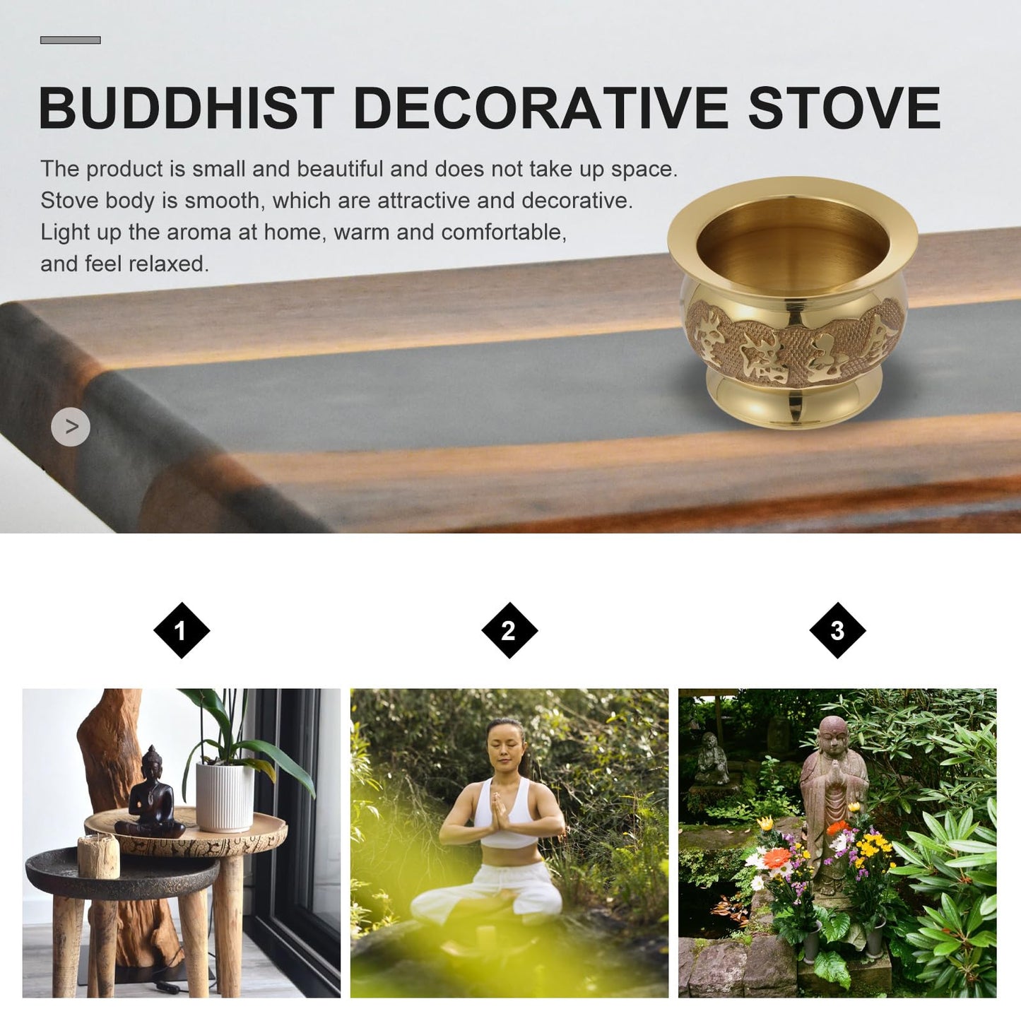HEALLILY Retro Copper Incense Burner 3.93X3.93X2.67In Elegant Home Decor Buddhist Censer with Bowl Design for Relaxation and Meditation