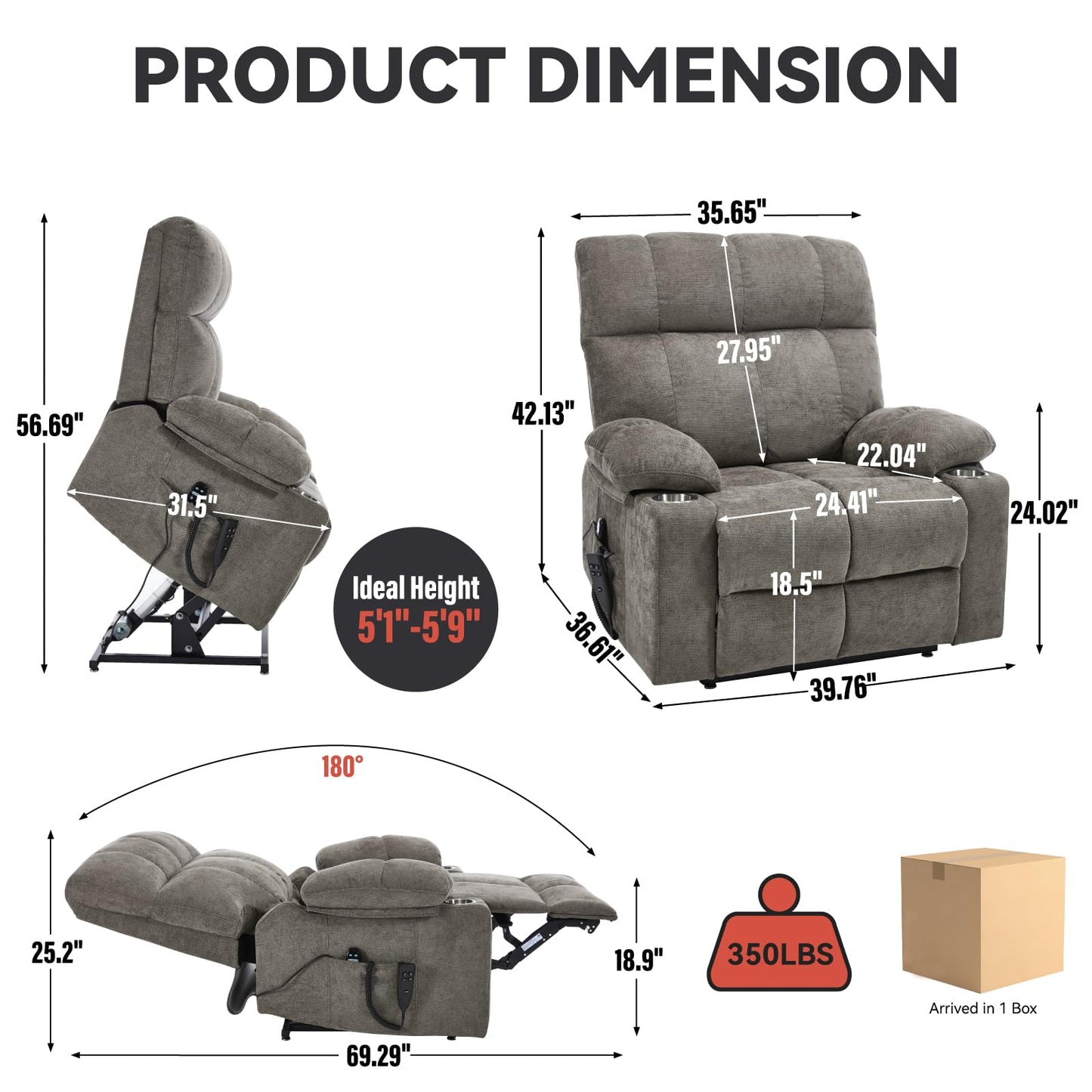 Dual Motor Power Lift Recliner Chair with Heat and Massage, Infinite Position Lift Chair, Oversized Chenille Recliner with 8-Point Vibration, Cup Holders and Side Pockets for Living Room, Brown
