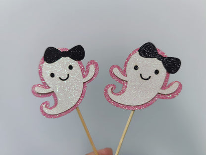 Ghost Cupcake Toppers Pink Glitter, Halloween Ghost Birthday Baby Shower Cupcake Toppers Ghost Food Cupcake Picks for Pink Halloween Baby Shower Birthday Party Cake Supplies - 24Pcs