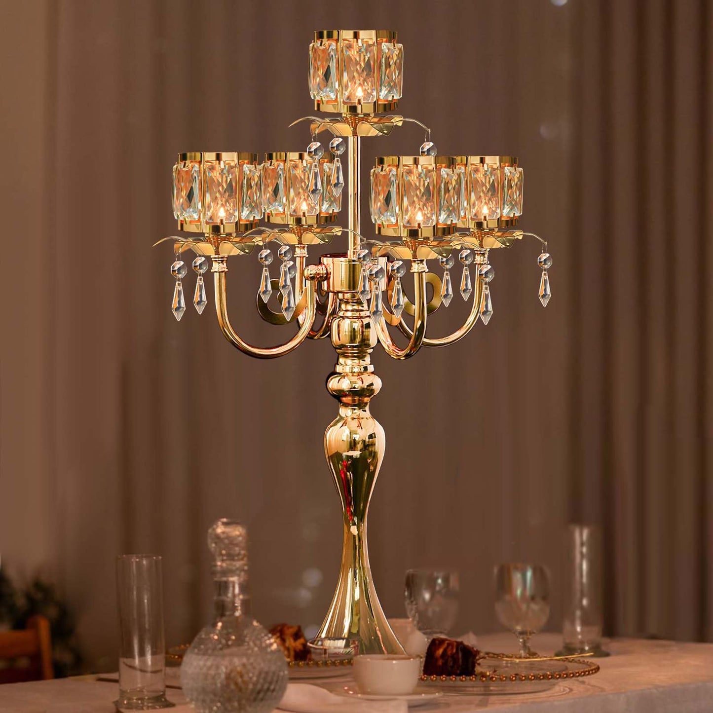 kolnlala 1PC Gold 5-Arm Crystal Pendant Metal Candle Holder with Square Crystal Bowl, 22-Inch Tall Wedding Table Centerpiece for Holiday Party Events, Christmas, Birthday Decorations