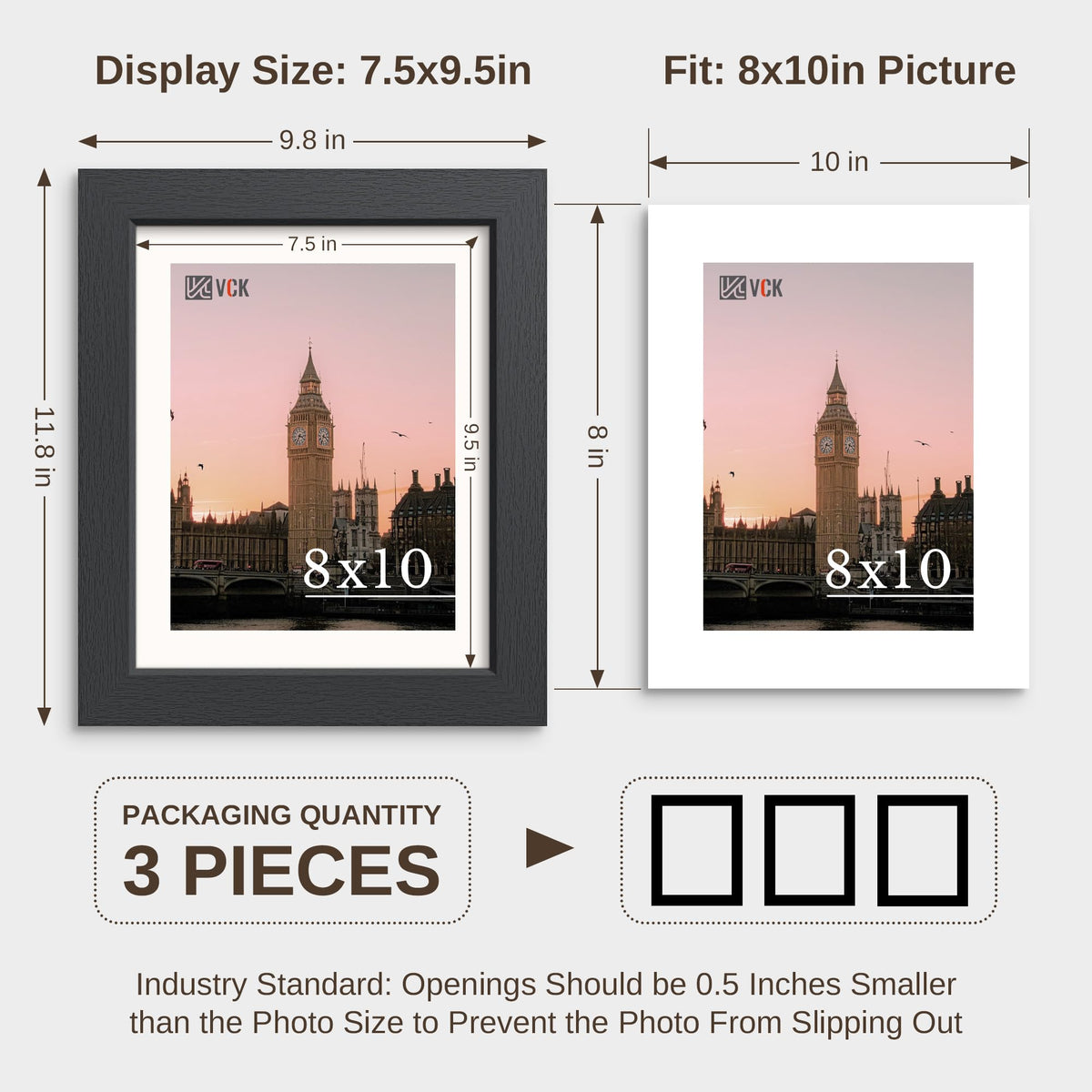 VCK 8x10 Picture Frame Set of 3, Black Wood 8 x 10 Photo Frames for Wall Mounting Horizontally & Vertically