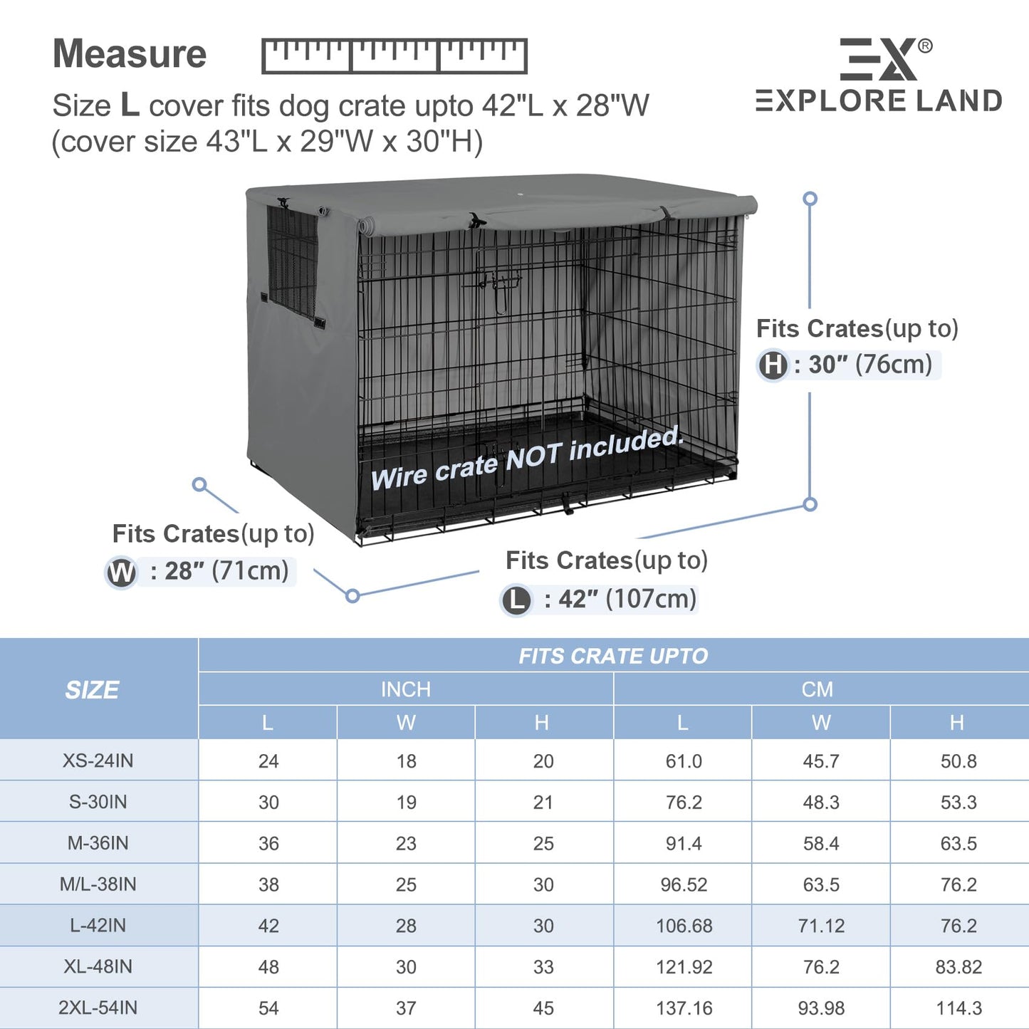 Explore Land Dog Crate Cover Durable - Polyester Pet Kennel Cover Universal Fit for 24-48 inches Wire Dog Crate (42 Inch (Pack of 1), Grey Cover)