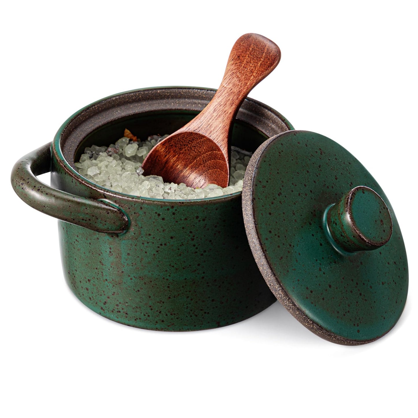 Honeydak Speckled Ceramic Salt Cellar with Lid and Wooden Spoon, Rustic Farmhouse Salt Pepper Cellar Holder for Mothers Day, Housewarming Gift, Heavyweight Spices Jar(Green,1 Set)