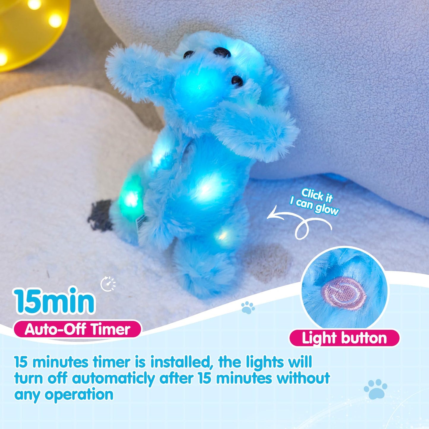 WEWILL 10'' Light up Blue Puppy Dog LED Stuffed Animal with Colorful Night Light Glow Soft Plush Toy Gifts for Kids on Christmas Birthday