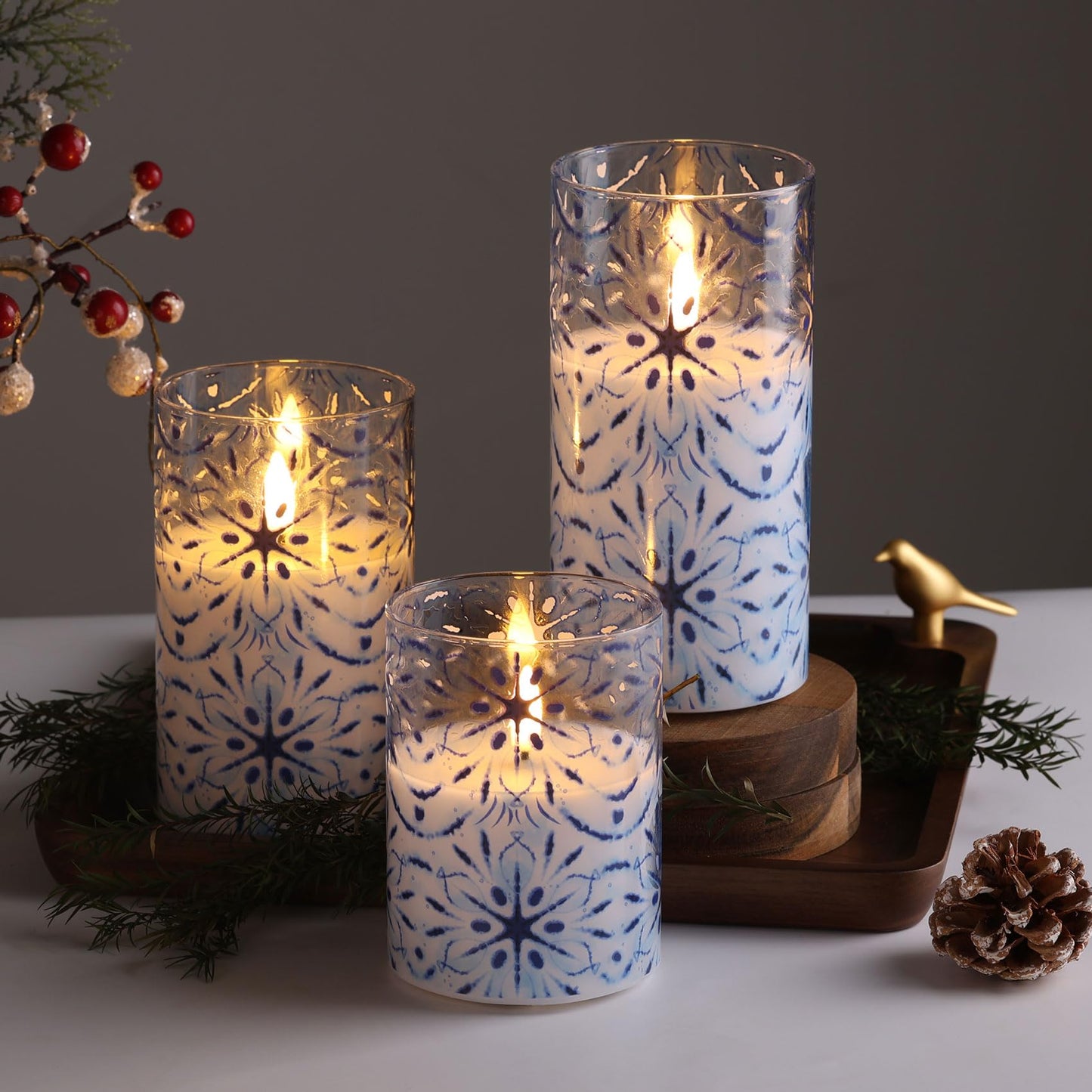 Eywamage Blue Snowflakes Glass Flameless Candles with Remote, Christmas LED Pillar Candles Battery Operated Flickering Set of 3