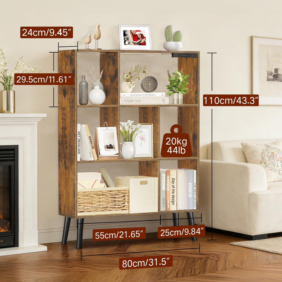 OUTONLIFE 7-Cube Bookshelf with LED Lights, Touch & Remote Control, Freestanding Open Bookcase Storage Shelf, Dimmable Modern Wooden Display Organizer with Legs for Living Room, Bedroom (Rustic Brown)