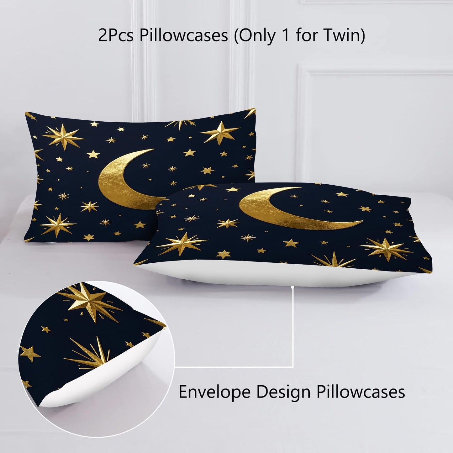 VTKON Gold Moon and Stars Bedding Set, Luxury Celestial Night Sky Comforter Set, Gold Starry Print Bed Set for Girls Bedroom Decor (Queen Size 3Pcs with 2 Pillow Cases)
