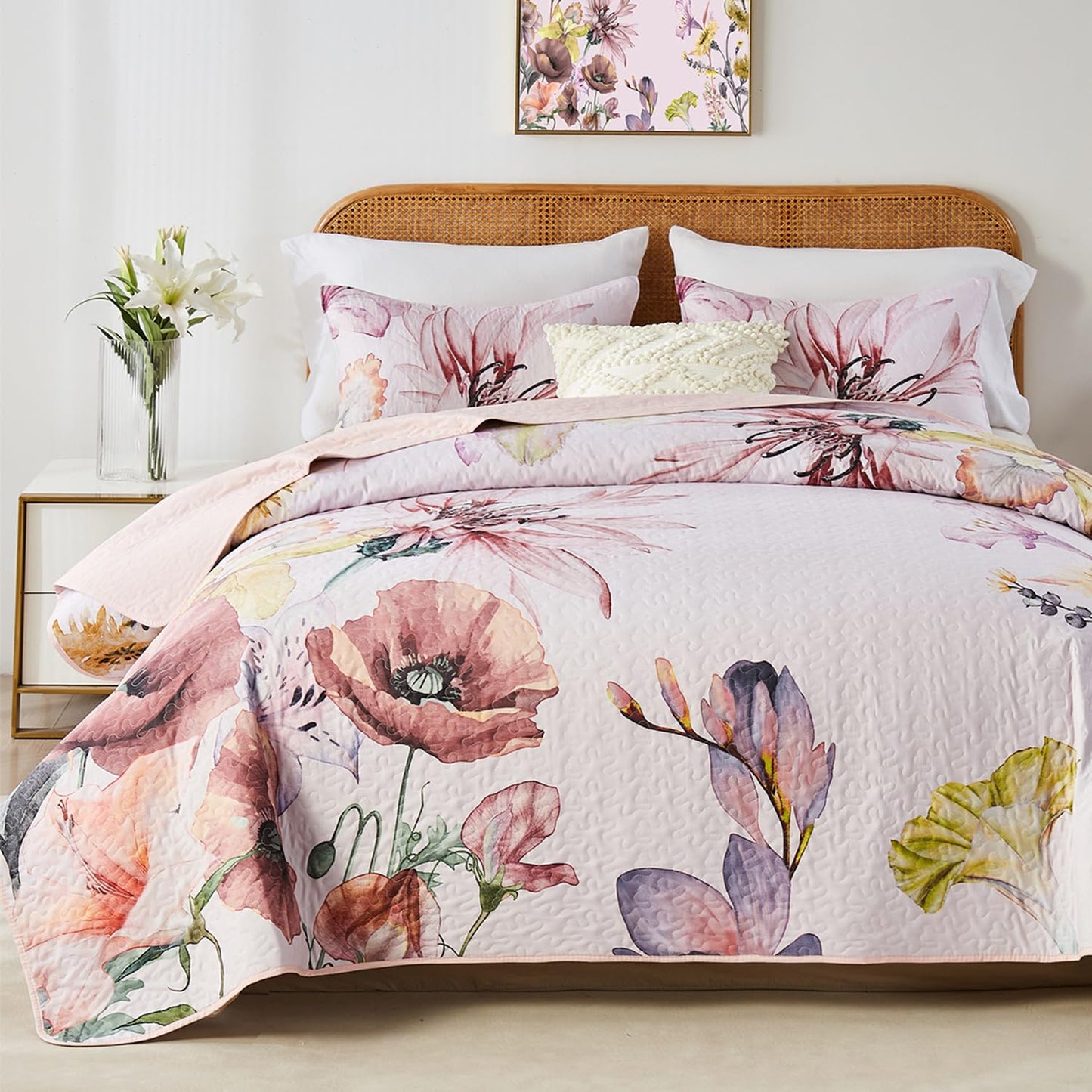 Yogeneg Full Queen Size Quilt Set,Elegant Floral Botanical Pattern Pink Bedding Set,3 Piece Lightweight Soft Summer Bedspread Coverlet with 2 PIillow Sham for All Season(Blush Floral,90"x96")