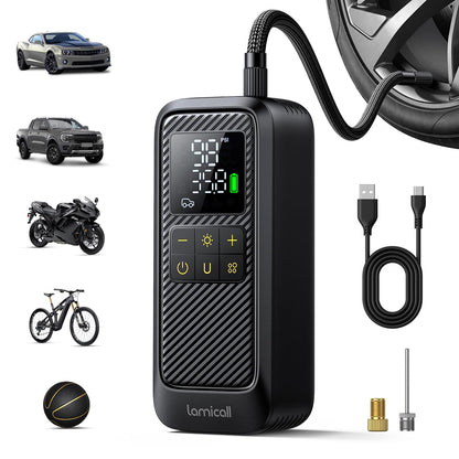 Tire Inflator Portable Air Compressor - Lamicall [5X Faster][150 PSI] Rechargeable Car Air Pump, Digital Pressure Gauge, LED Light, Cordless Pump Valentine's Day Gifts for Car, Bike, Motorcycle, Ball