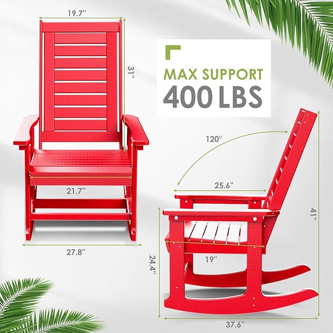 GREENVINES Outdoor Rocking Chairs | Porch Rocker | HDPE Plastic | Red | Oversized Rockers | High Back | Big & Tall | Ladder Back | for Patio Outside Backyard Balcony Garden