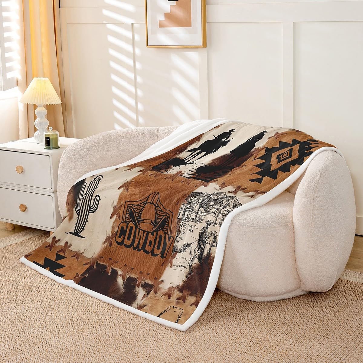 Erosebridal Western Cowboy Fleece Blanket Longhorn Cow Skull Cowhide Print Sherpa Blanket 90"x90", Tribal Geometric Aztec Farmhouse Farm Animals Fuzzy Plush Throw