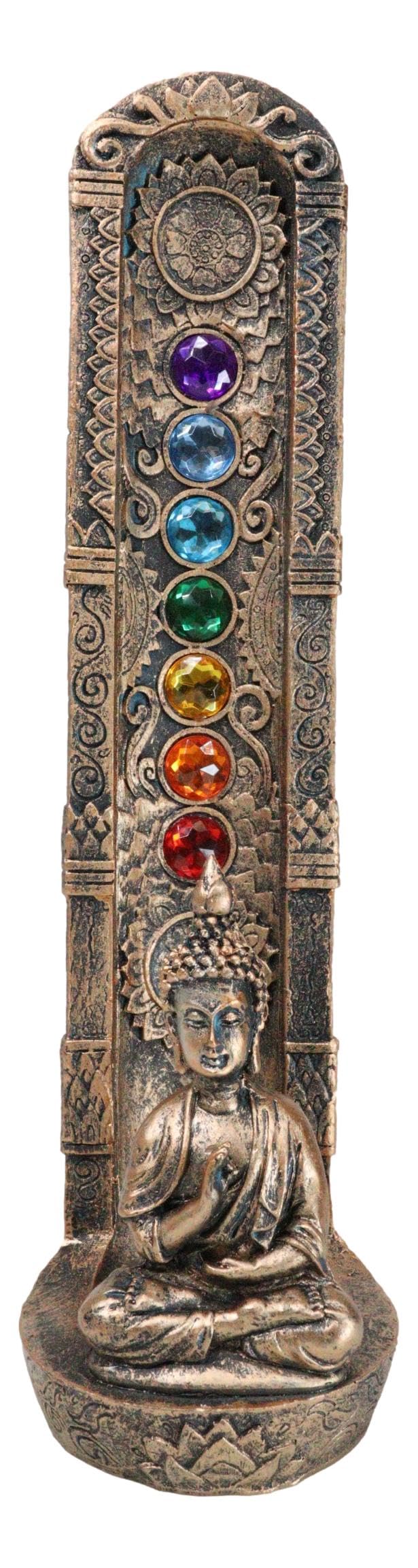 Ebros Gift Ohm Meditating Buddha Gautama with Mandala and Rainbow 7 Chakra Zone Colors Gems Pillar Incense Stick Burner Figurine Feng Shui Zen Yoga Eastern Enlightenment Accent