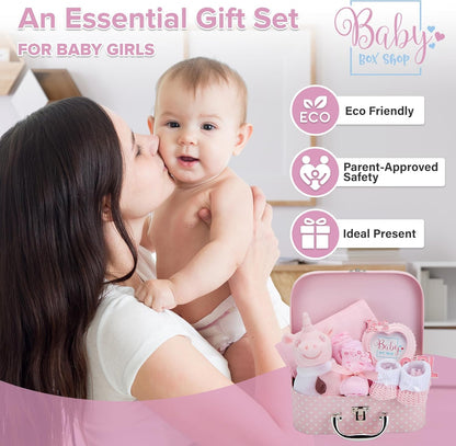 Baby Box Shop - Girl Gift Set, Newborn Essentials, Baby Shower Gifts for Girls, Keepsake Box with Pink Unicorn Rattle, Bib, Booties, Mittens, Hat, Photo Frame & Muslin Cloth - Premium Baby Hamper