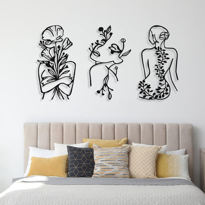 Photect 3 Pcs Metal Wall Art Decor Minimalist Abstract Woman Wall Art Metal Modern Line Drawing Decor Female Single Line Home Hanging for Bedroom Bathroom Living Room Housewarming(Plant,Black)