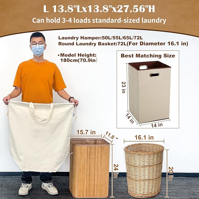 Canvas Laundry Bags with Handles & Square Base13.8"Lx13.8"Wx27.6"H, Large Heavy