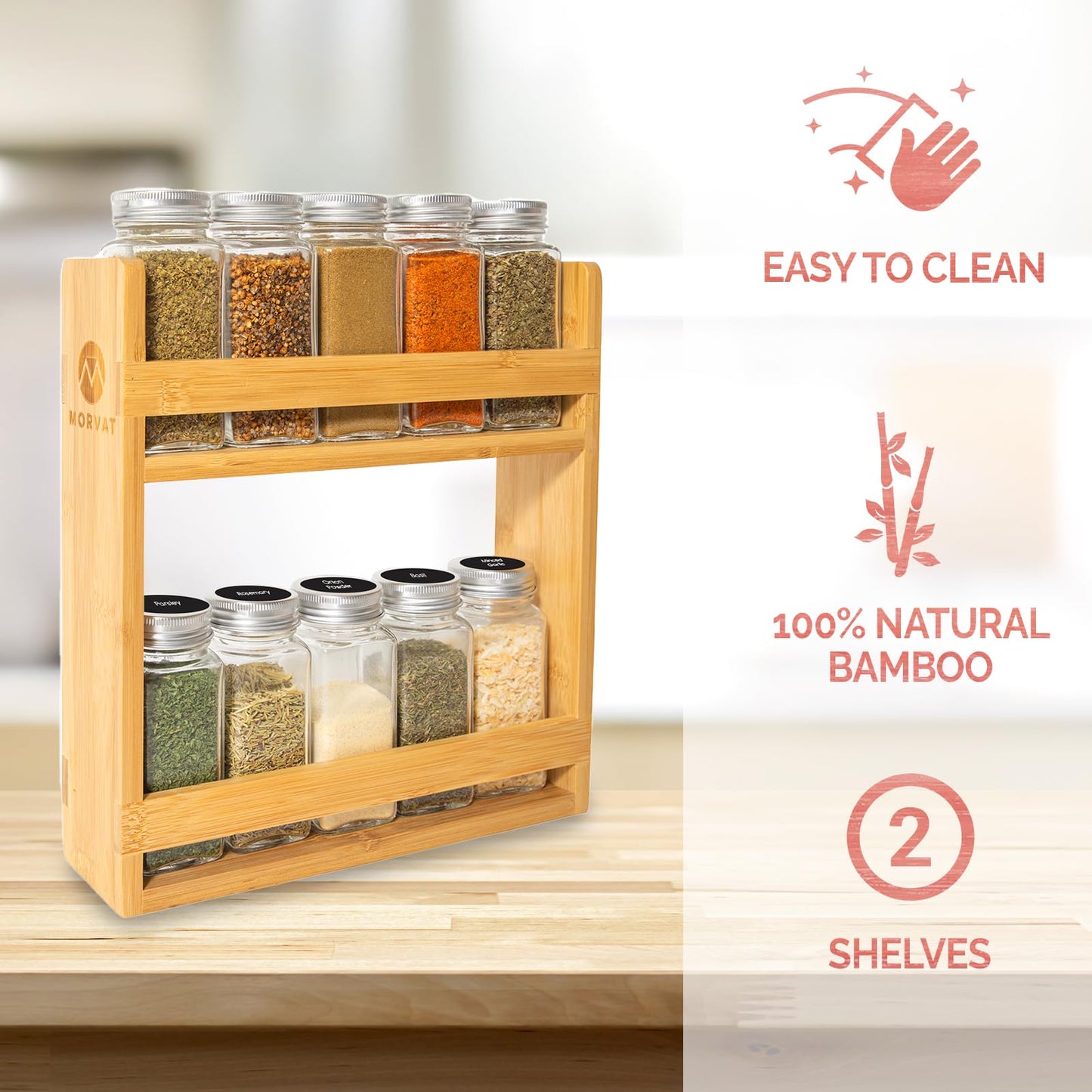 Morvat Bamboo Wooden Spice Jar Rack, 2-Tiered Seasoning Holder Organizer Set with 2 Shelves, Spice Storage Shelf for Kitchen Pantry & Cabinet, Counter or Wall Mount Option with Included Hardware