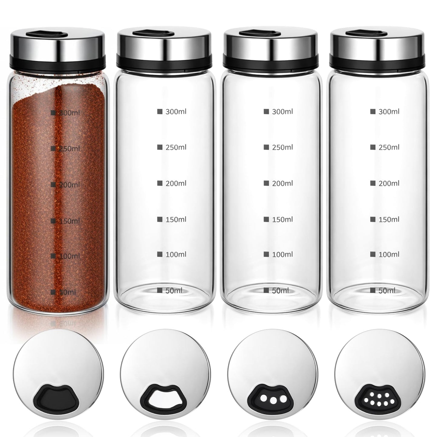 MySHUCE 4Pcs 10 oz Large Salt & Pepper Shakers, Clear Glass Shaker Bottles with 4 Adjustable Outlet Holes Spice Seasoning Cans for Kitchen Decor Home Restaurant BBQ Camping