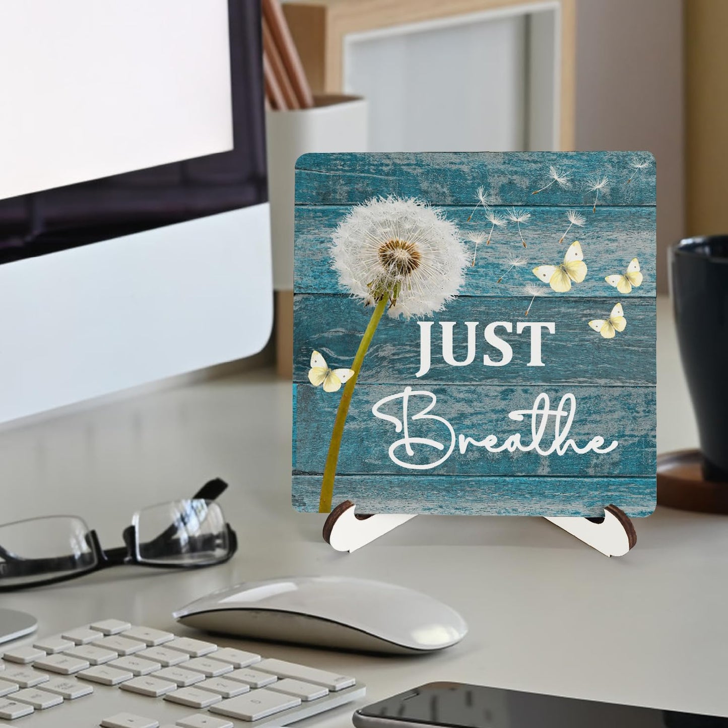 HSIASHENG Just Breathe Wooden Decor 5"X5", Just Breath Wooden Desk Table Sign for Home Office Restroom Living Room Bathroom, Funny Quote Decorative Gifts for Man Woman Friends (5x5 Inch)