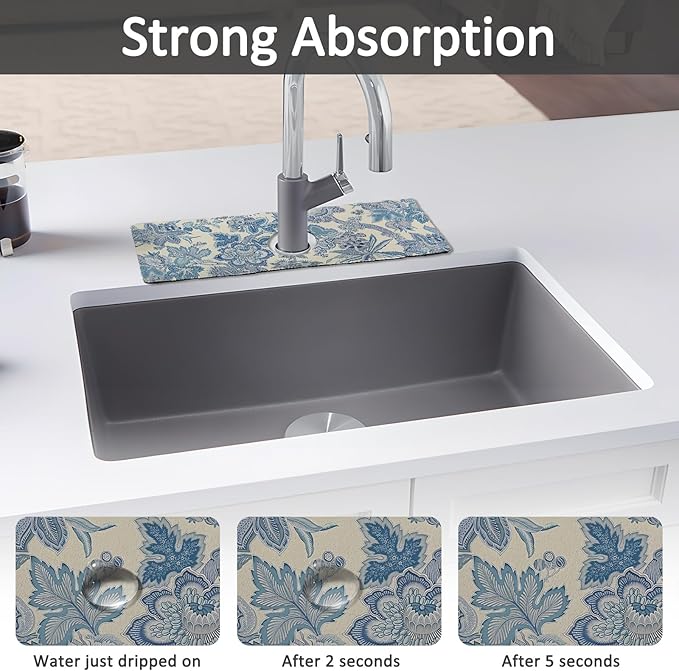 15" X 5.5" Kitchen Sink Splash Guard Faucet Mat Floral Super Absorbent Fast