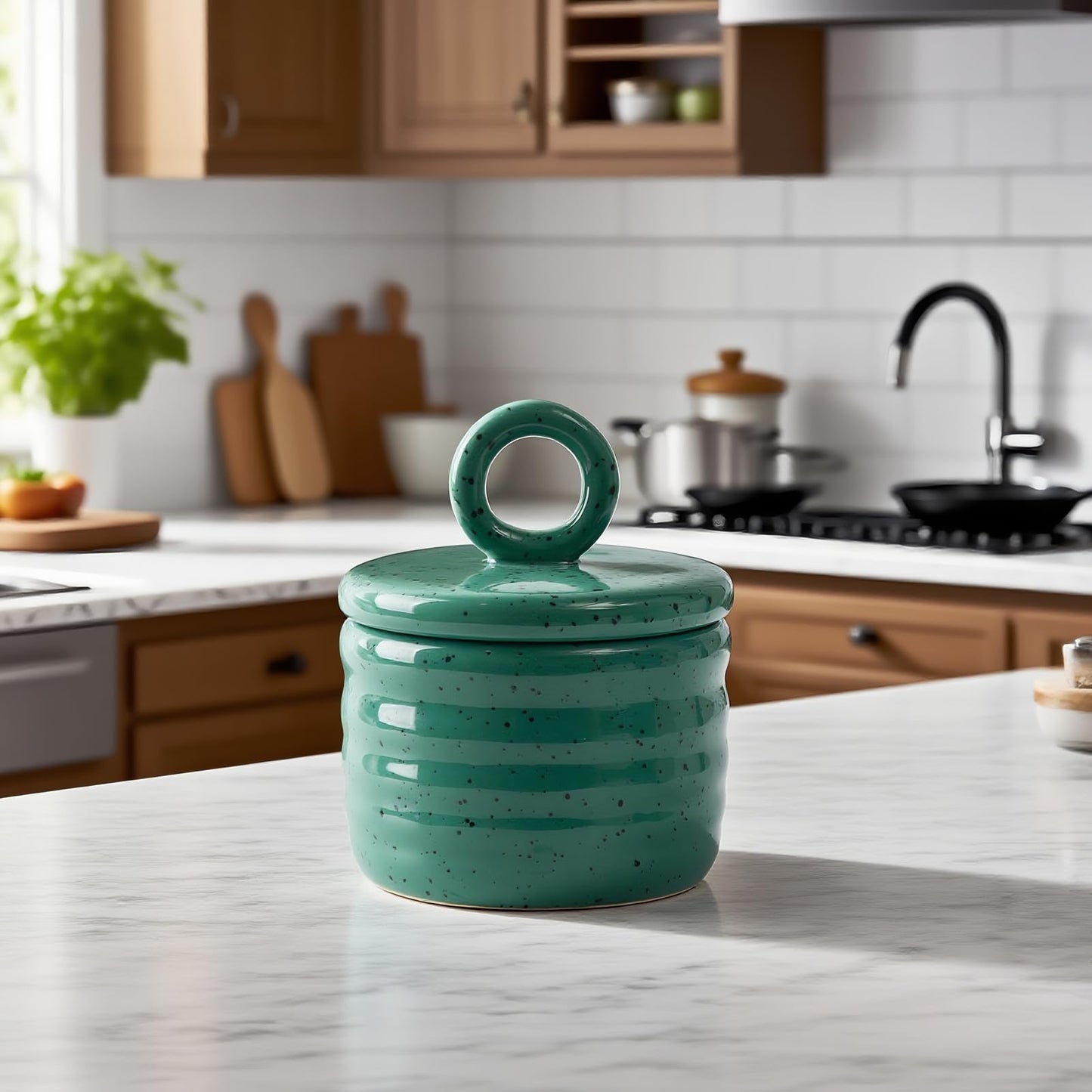 Salt Cellar Keeper with Ceramic Lid, Big Capacity Ceramic Sugar Bowls Pepper Box, Speckled Glaze Seasoning Container Condiment Pot for Kitchen (Green)