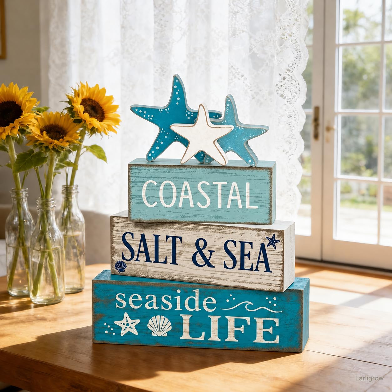 4 Pcs Summer Beach Table Decor Starfish & Seashell Coastal Nautical Wooden Block Signs, Rustic Farmhouse Tiered Tray Decorations for Home Bathroom Office Desk Shelf Mantel