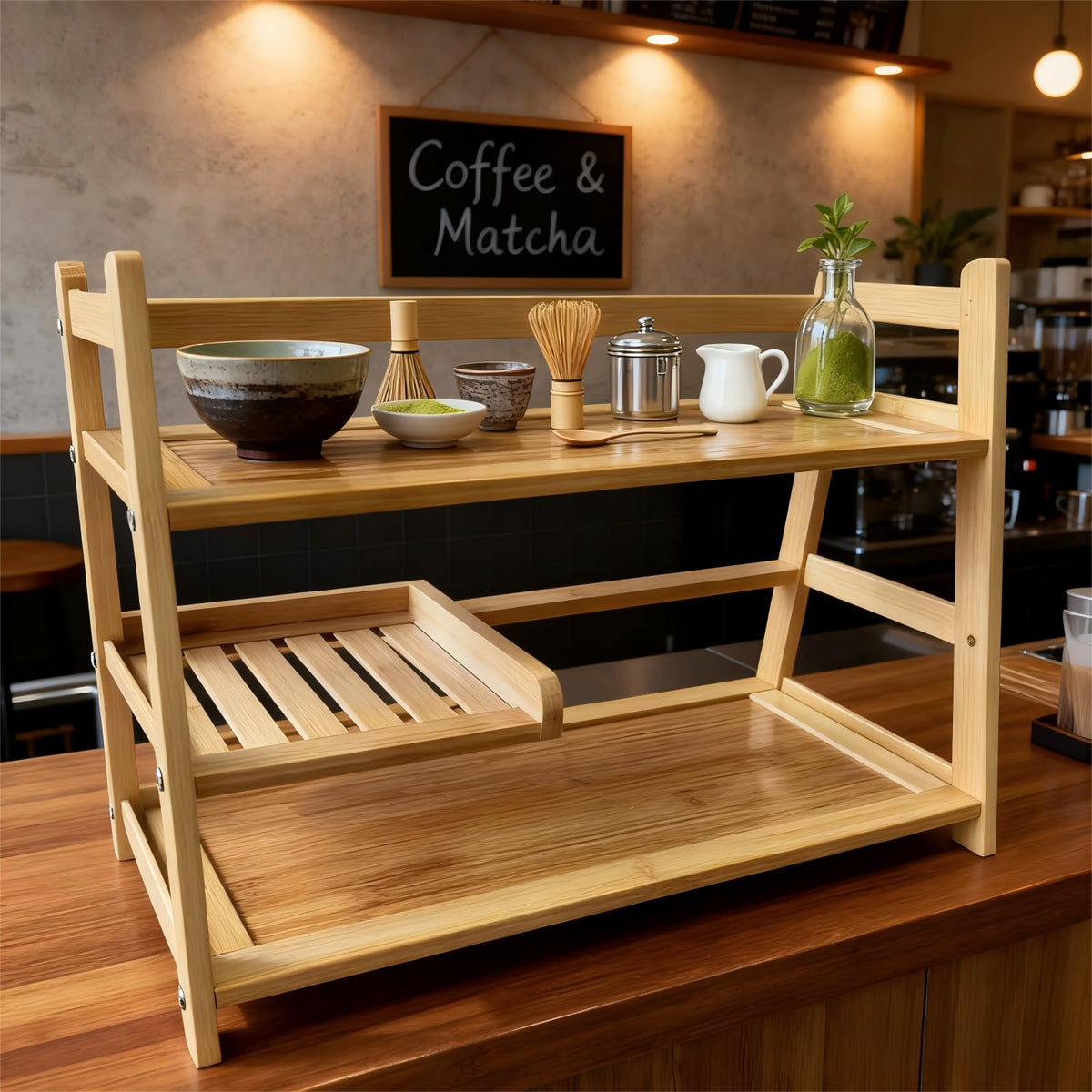 Lnncdsc Bamboo Matcha Station Organizer - Large Capacity 3-Tier Shelf, Easy to Install for Matcha and Coffee Bar Accessories, Perfect for Tea and Coffee Enthusiasts.(wood, large)