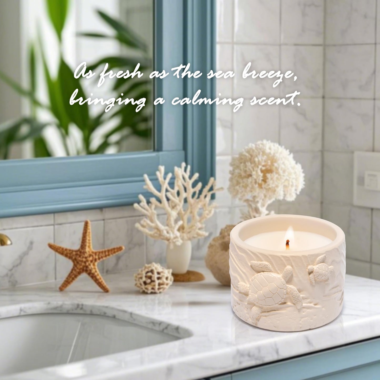 Hodao Oceanic Serenity Handcrafted Aromatherapy Box with Candle & Decor – Beach Rock Sculpture with Sea Turtle, Seashells, for Home, Bathroom, Yoga Room Decor (Brown-Turtle)