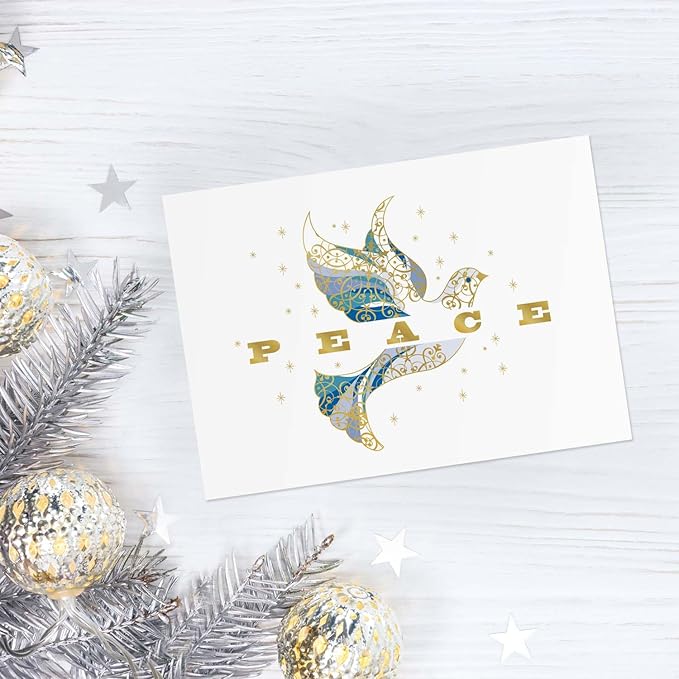 Masterpiece Elegant Dove Christmas Cards / 15 Religious Dove Holiday Cards Set With Gold Foil And White Envelopes / 5 5/8" x 7 7/8" Greeting Cards With Inside Verse