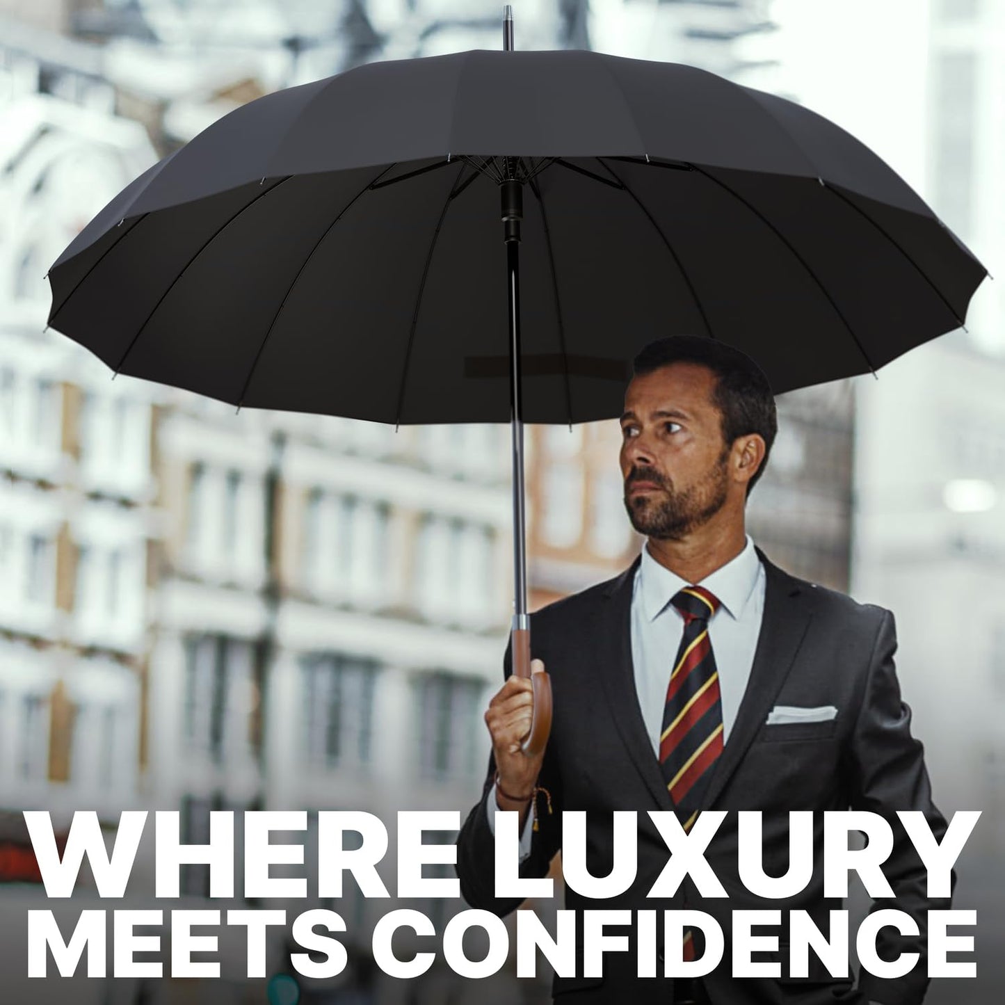 Royal Walk Windproof Umbrella Black Large 54 Inch Automatic Open for 2 Persons Stormproof for Men Women Classic Wooden Handle Lightweight Waterproof Durable Strong 16 Ribs Travel Golf Unisex 120cm