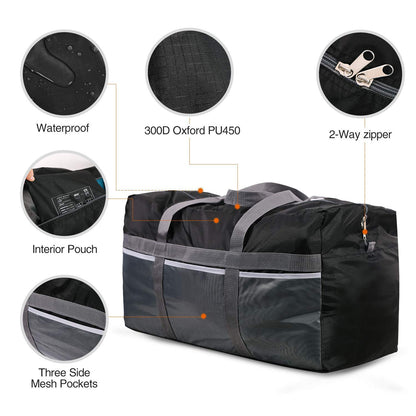 REDCAMP Foldable Travel Bag, 96L Extra Large Sports Bag, Packable Duffle Bag, Lightweight Waterproof Duffel Holdall Bag, Black