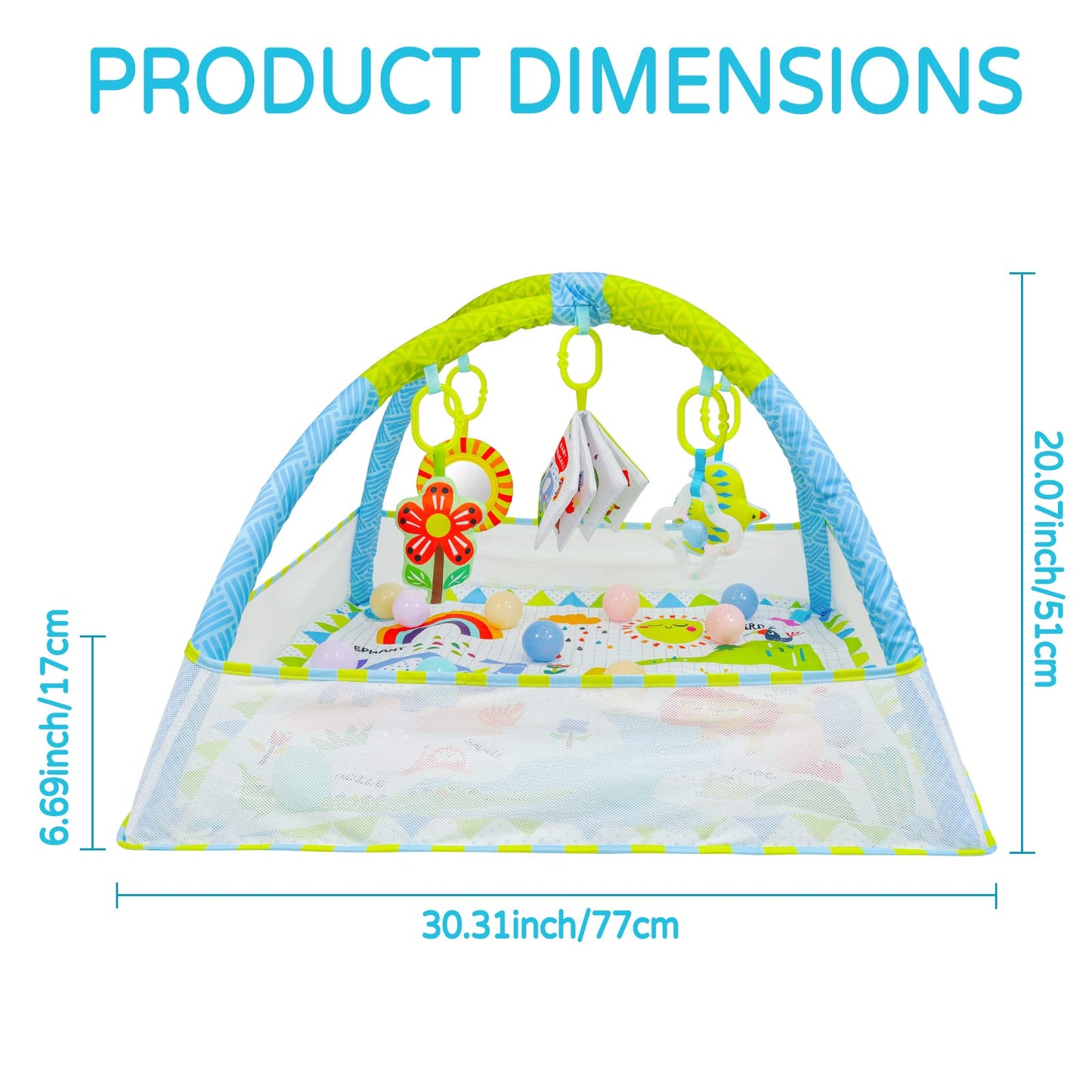 Dr.Rapeti Baby Play Mat, Activity Baby Play Gym with Arch, Playmats & Floor Gyms, Detachable Mirror, Soft Book and Balls Toys, Thick Non Toxic Playmats