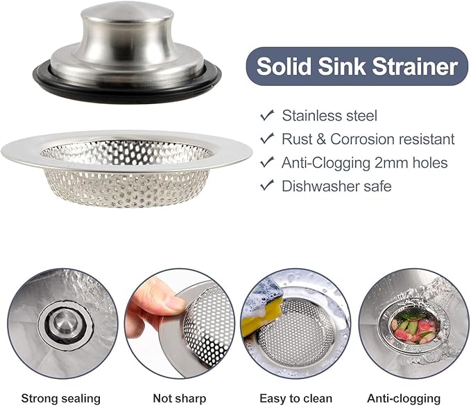 RQYEKDO Polished Kitchen Sink Strainers Sink Stopper Kits, Stainless Steel Sink