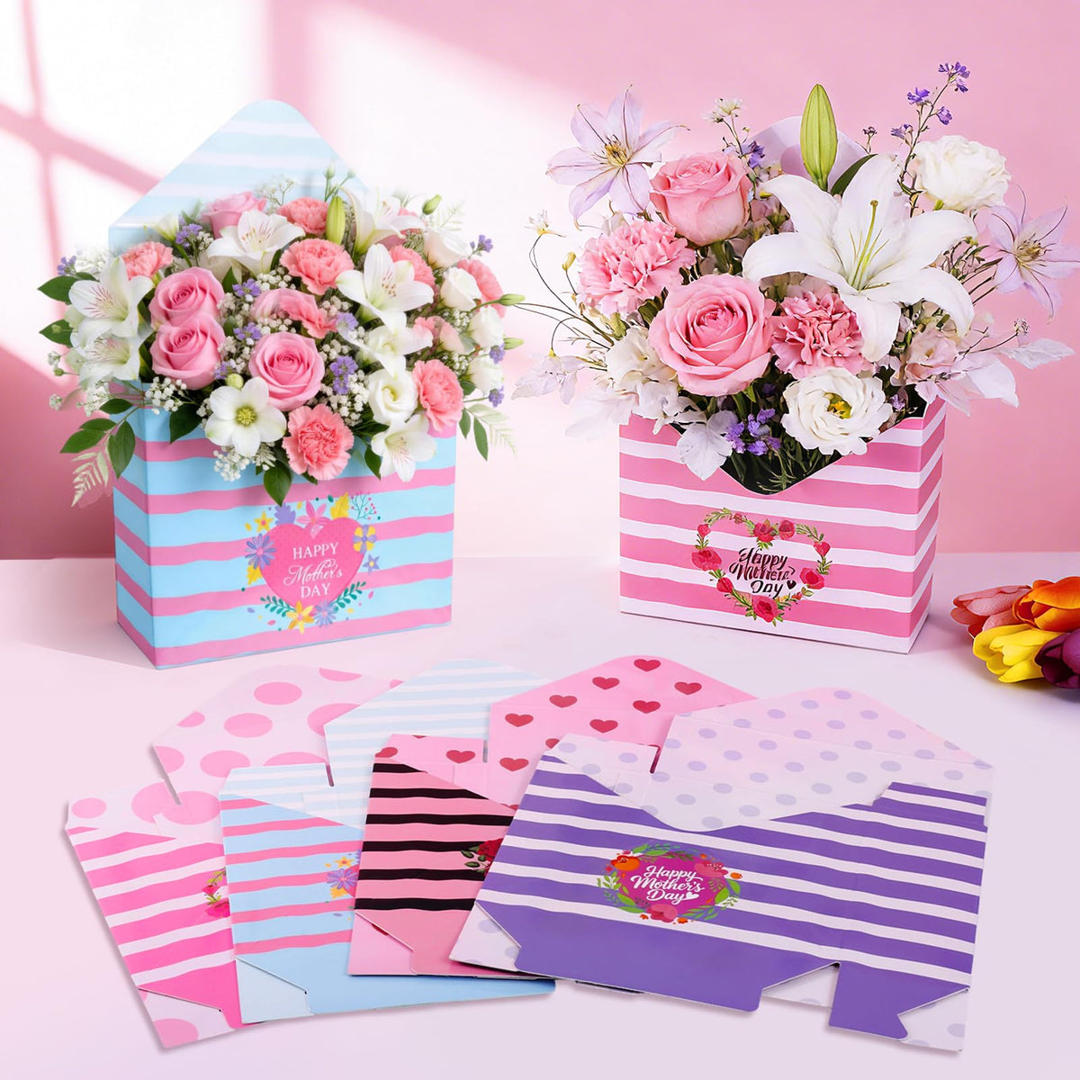 12 Pcs Gifts for Mothers Day Florist Box Mothers Day Bouquet Envelope Boxes Stripe Mother Gifts Floral Envelope Boxes Paper,Flower Bouquet Packaging Gift Box Wrapping for Wedding Birthday Party Decoration
