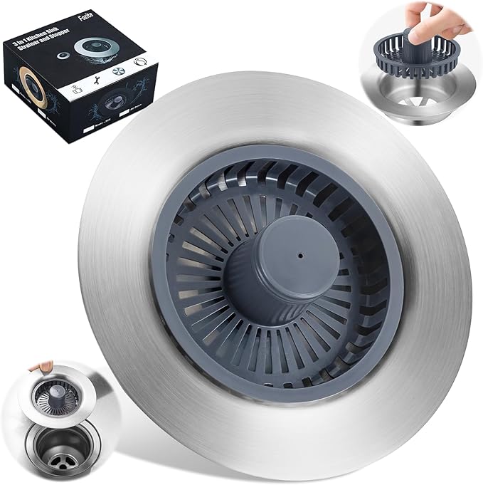 Upgraded 3-in-1 Kitchen Sink Drain Strainer, Stainless Steel Pop Up Kitchen