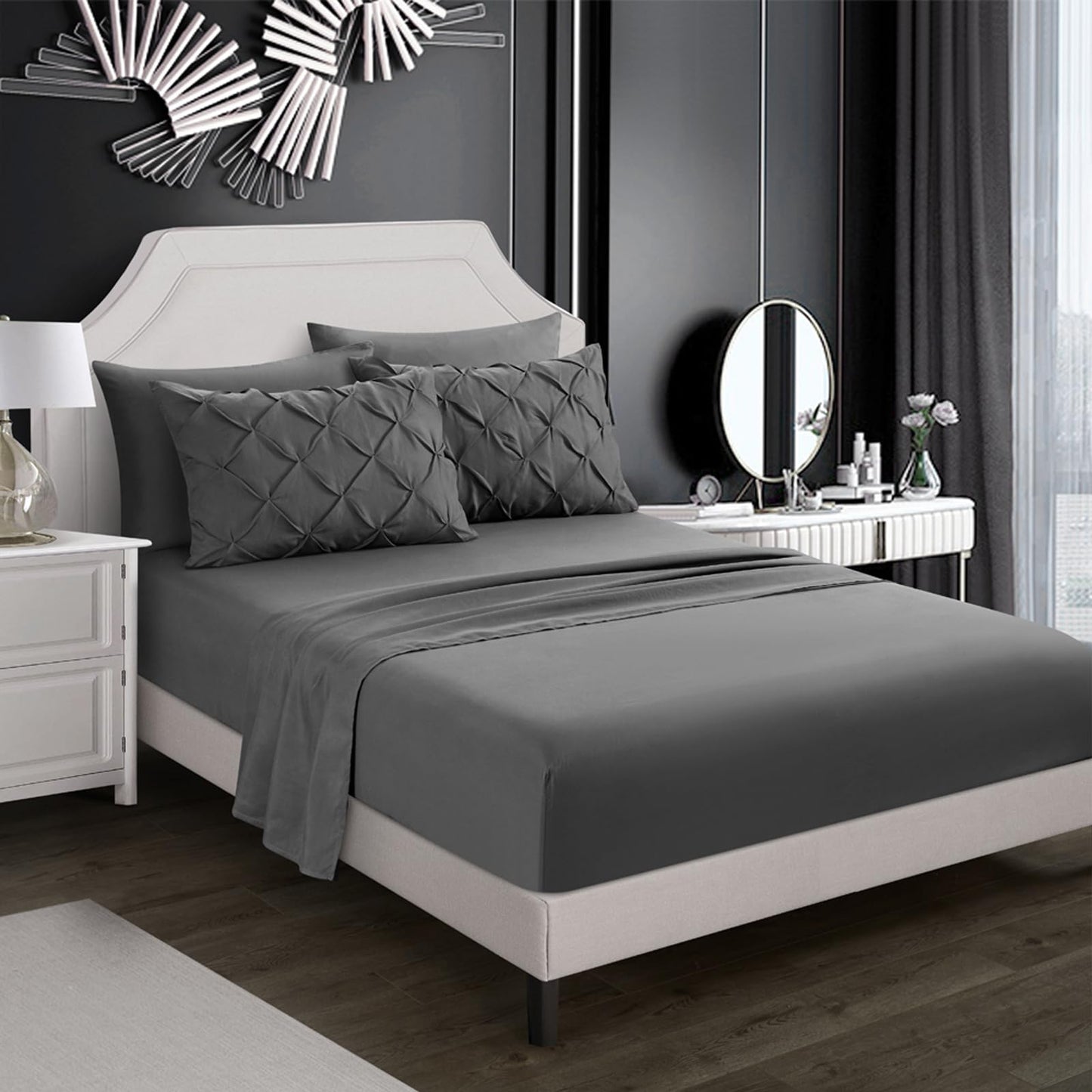 AiMay 6 PC Sheet Pillowcase Set Deep Pocket Double Brushed Microfiber Soft Durable Solid Color Wrinkle Free 1 Flat Sheet 1 Fitted Sheet 2 Pillowcases 2 Pinch Plated Pillowcases(Gray, Queen)